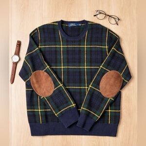 VTG Polo Ralph Lauren Wool L Tartan Plaid Elbow Patch Preppy Crewneck Sweater